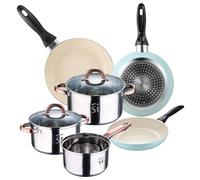 Bateria 5pc acero inoxidable Ø16Ø18Ø20 con 2 tapas de vidrio, y Set 3 sartenes Ø16/20/24 cm, aluminio prensado, celeste, set apto para inducción