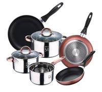 Bateria 5pc acero inoxidable Ø16Ø18Ø20 con 2 tapas de vidrio, y Set 3 sartenes Ø16/20/24 cm, aluminio prensado, set apto para inducción