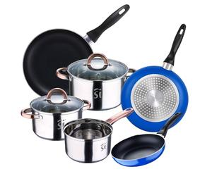 Bateria 5pc acero inoxidable Ø16Ø18Ø20 con 2 tapas de vidrio, y Set 3 sartenes Ø16/20/24 cm, aluminio prensado, azul, set apto para inducción