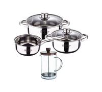 Bateria 5pcs acero inoxidable: cazo ø16x7,5 cacerolas de ø18x8,5 y ø20x9,5 cms., inducción+ cafetera de vidrio borosilicato 15,8x10x18,8cm