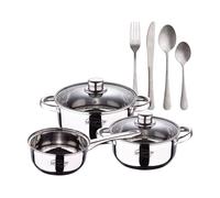 Bateria 5pcs acero inoxidable: cazo ø16x7,5 cacerolas de ø18x8,5 y ø20x9,5 cms., inducción, colección cassel+ set de 16 cubiertos en acero inoxidable