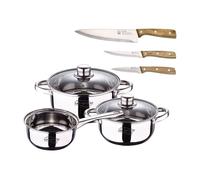 Bateria 5pcs acero inoxidable: cazo ø16x7,5 cacerolas de ø18x8,5 y ø20x9,5 cms., inducción, colección cassel+ set de 3 cuchillos de acero inoxidable
