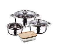 Bateria 5pcs acero inoxidable: cazo ø16x7,5 cacerolas de ø18x8,5 y ø20x9,5 cms., inducción+hermético de 650ml en vidrio de borosilicato