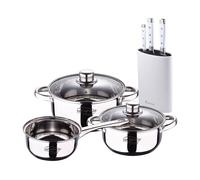 Bateria 5pcs acero inoxidable: cazo ø16x7,5 cacerolas de ø18x8,5 y ø20x9,5 cms., inducción+juego de 3 cuchillos de acero inoxidable con tacoma