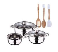 Bateria 5pcs acero inoxidable: cazo ø16x7,5 cacerolas de ø18x8,5 y ø20x9,5 cms., inducción+juego de 3 utensilios de cocina en silicona y madera