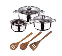 Bateria 5pcs acero inoxidable: cazo ø16x7,5 cacerolas de ø18x8,5 y ø20x9,5 cms., inducción+ san ignacio agros set 3pc utensilios cocina