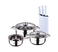 Bateria 5pcs acero inoxidable: cazo ø16x7,5 cacerolas de ø18x8,5 y ø20x9,5 cms., inducción+set de 3 cuchillos con tacoma en acero inoxidable