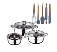 Bateria 5pcs acero inoxidable: cazo ø16x7,5 cacerolas de ø18x8,5 y ø20x9,5 cms., inducción+ set de 5 utensilios de cocina de silicona y madera