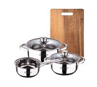Bateria 5pcs acero inoxidable: cazo ø16x7,5 cacerolas de ø18x8,5 y ø20x9,5 cms., inducción+ tabla de cortar 40,3x25,2x2,5cm de madera
