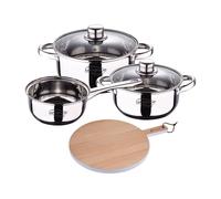 Bateria 5pcs acero inoxidable: cazo ø16x7,5 cacerolas de ø18x8,5 y ø20x9,5 cms., inducción+tabla de corte redonda de 38x28x1,5cm en madera de haya