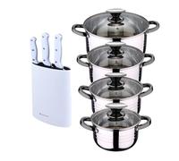 Bateria 8pc acero inoxidable apta para inducción colección san ignacio premium + bergner naturally set de 3 cuchillos con tacoma en acero inoxidable