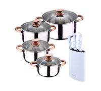 Bateria 8pc acero inoxidable apta para inducción colección san ignacio premium + bergner naturally set de 3 cuchillos con tacoma en acero inoxidable