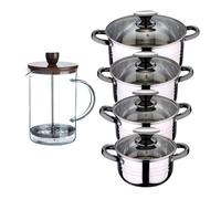 Bateria 8pc acero inoxidable apta para inducción colección san ignacio premium + cafetera de émbolo de vidrio borosilicato 15,8x10x18,8cm