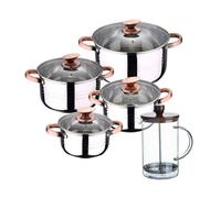 Bateria 8pc acero inoxidable apta para inducción colección san ignacio premium + cafetera de émbolo de vidrio borosilicato 15,8x10x18,8cm