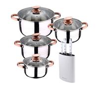 Bateria 8pc acero inoxidable apta para inducción colección san ignacio premium +juego de 3 cuchillos de acero inoxidable + tacoma en color blanco