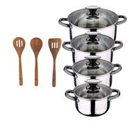 Bateria 8pc acero inoxidable apta para inducción colección san ignacio premium + san ignacio agros set 3pc utensilios cocina madera acacia