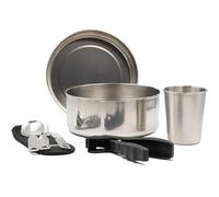 Batería acero inox. 17 cm. con funda, juego de cubiertos, vaso acero y mango