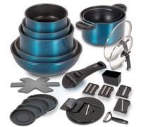 Batería Apilable KELTON Antiadherente 26 piezas 2 Sartenes, 2 Cazos, Olla+Colador, Wok, Mango extraíble. 2 Tapas vidrio+4 silicona+Set de Corte+4 Protectores. Todo tipo de cocinas, horno, lavavajillas
