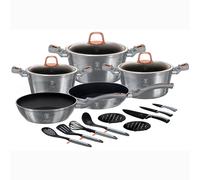 Berlinger Haus Moonlight Batería Cocina Inducción, Mármol sin PFOA, 3 Cazuelas, 3 Tapas Cristal, 2 Sartenes, 3 Cuchillos, 4 Utensilios, 2 Salvamanteles, Gris