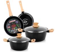 Magefesa Orbe Batería Cocina Inducción 6 Piezas, Antiadherente Libre PFOA Esmalte Exterior Negro, Set Cazuelas Tapa Vidrio, Sartenes, Herrajes Efecto Madera, Diseño Moderno