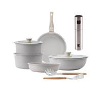 Batería de cocina 10 pzs beige/mango extraíble,3 sartenes,2 cazos,tapas y utensilios+ bergner copper pulverizador de aceite y vinagre