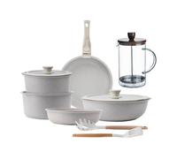 Batería de cocina 10 pzs beige/mango extraíble,3 sartenes,2 cazos,tapas y utensilios+ cafetera de vidrio borosilicato 15,8x10x18,8cm
