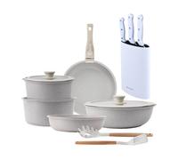 Batería de cocina 10 pzs beige/mango extraíble,3 sartenes,2 cazos,tapas y utensilios+set de 3 cuchillos con tacoma en acero inoxidable