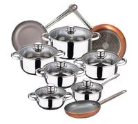 San Ignacio Bateria de cocina 12 piezas Cassel, acero inoxidable, con juego sartenes (18/22/26 cm) Optimum Plus en aluminio prensado, Cromado/Cobre