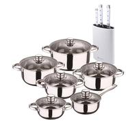 Bateria de cocina 12 piezas San Ignacio de acero inoxidable en color cromado colección Cassel+Juego de 3 Cuchillos de acero inoxidable con Tacoma