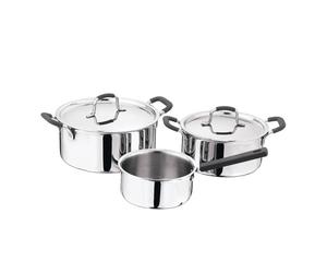 Batería de cocina 2 cacerolas Ø20Ø24cm + Cazo Ø16cm en acero inoxidable y mangos de silicona MasterPRO