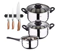 Bateria de cocina 5 piezas San Ignacio de acero inoxidable con set de 3 cuchillos en acero inoxidable con barra magnetica aptas para induccion