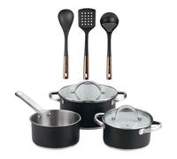 Bateria de cocina 5 pzs (2 cacerolas c/tapa + cazo) acero c/revestimineto+ bergner copper set de 3 utensilios de cocina en pbt negro y cobre