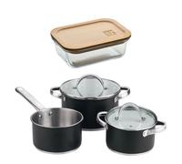 Bateria de cocina 5 pzs (2 cacerolas c/tapa + cazo) acero c/revestimineto+ bergner naturally hermético de 650ml en vidrio de borosilicato