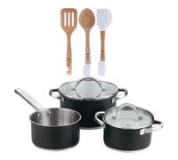 Bateria de cocina 5 pzs (2 cacerolas c/tapa + cazo) acero c/revestimineto+ bergner naturally juego de 3 utensilios de cocina en silicona y madera