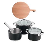 Bateria de cocina 5 pzs (2 cacerolas c/tapa + cazo) acero c/revestimineto+ bergner naturally tabla de corte redonda de 38x28x1,5cm en madera de haya