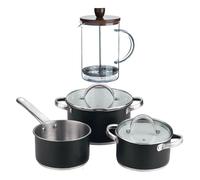 Bateria de cocina 5 pzs (2 cacerolas c/tapa + cazo) acero c/revestimineto+ cafetera de émbolo de vidrio borosilicato 15,8x10x18,8cm noia san ignacio