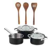Bateria de cocina 5 pzs (2 cacerolas c/tapa + cazo) acero c/revestimineto+ san ignacio agros set 3pc utensilios cocina madera acacia