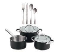 Bateria de cocina 5 pzs (2 cacerolas c/tapa + cazo) acero c/revestimineto+ set de 16 cubiertos en acero inoxidable noia san ignacio