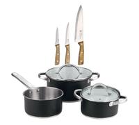 Bateria de cocina 5 pzs (2 cacerolas c/tapa + cazo) acero c/revestimineto+ set de 3 cuchillos de acero inoxidable para cocina noia san ignacio