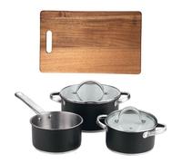 Bateria de cocina 5 pzs (2 cacerolas c/tapa + cazo) acero c/revestimineto+ tabla de cortar 40,3x25,2x2,5cm de madera de acacia noia san ignacio