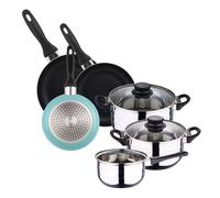 Batería de cocina 5pc acero inoxidable + set 3 sartenes ø16ø20ø24 aluminio, azul celeste