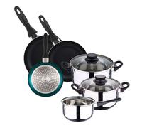 Batería de cocina 5pc acero inoxidable + set 3 sartenes ø16ø20ø24 aluminio, azul metalizado 46 cm