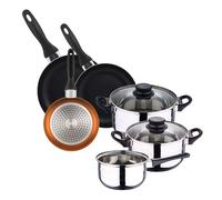 WELL HOME MOBILIARIO & DECORACIÓN Batería de cocina 5pc acero inoxidable + Set 3 sartenes 16/20/24 aluminio prensado, bronce metalizado