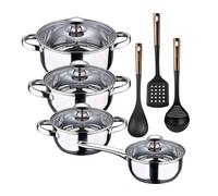 Batería de cocina 7 piezas san ignacio fabricada en acero inoxidable apta para todo tipo de fuegos+set de 3 utensilios de cocina en pbt negro y cobre 7.5 cm