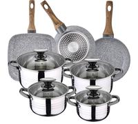 Bateria de cocina 8 piezas SAN IGNACIO Dina, acero inoxidable, con juego sartenes (18/22 cm) y grill 28x28 cm SAN IGNACIO Daimiel en aluminio forjado