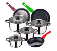 San Ignacio Bateria de cocina 8 piezas Dina, acero inoxidable, con juego sartenes (18/22/26 cm) Jolie de aluminio forjado, Negro/Plateado