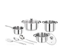 Bateria de cocina, acero inoxidable, inducción, Lexia: cazo 16 (1.7 L), 2 cacerolas con tapa 2x20 (3.3 L y 4.2 L) y 24cm (5.7 L) + 3 utensilios cocina: cucharón, cuchara de cocina y espátula ranurada