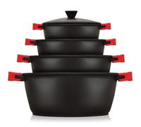 briebe Black Titanium Batería Cocina Inducción 8 Piezas Antiadherente Titanio, Juego 4 Ollas Aluminio Fundido sin PFOA, Set Cazuelas Tapas Cristal, Asas Silicona Extraíbles, Vitrocerámica, Gas, Horno