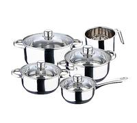 Batería de cocina: cazo 16x7,5 cm (1,4L), cacerolas con tapa de 18x8,5 (2L), de 20x9,5 cm (2,9L), de 24x11,5 cm (5,1L) y lechera con pico 14x12,5 cm (1,9L), acero inoxidable, inducción