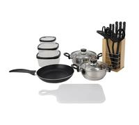 Batería de cocina de 18pc (Sartén/2 Cacerolas/Tabla de cortar/Tijeras/3 Utensilios/4 contenedores/5 cuchillos/Bloque de madera)